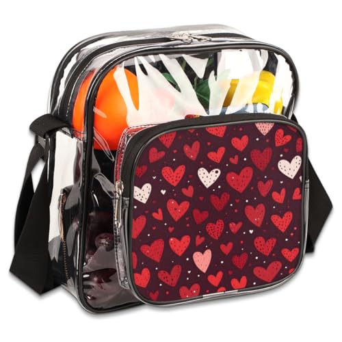 Clear Crossbody Bag for Women Men Stadium Approved Transparent Bag for Festivals,Sports Events,Concerts,Beach Bag Clear Purse with Front Pocket Messenger Bag with Adjustable Strap,Red Love Holiday