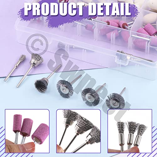 Swpeet 69Pcs 1/8 Shank Grinding Stone Set, 2 geformte und 5 Größen von Sanding Drill Bit für Rotary Tool Flap Wheel und Wolle Filz montiert Mandrel Set, 3 Arten Carbon Steel Wire Wheel Brush