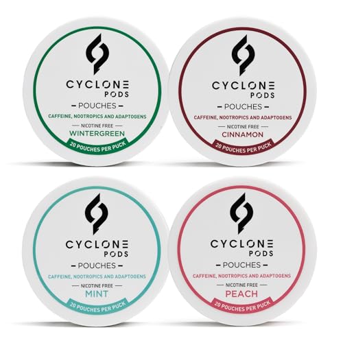CYCLONE PODS Caffeine Pouches 50mg (Pack of 4) Mixed Flavors | Nicotine Free, Sugar-Free Energy Pouches with Natural Ingredients | Mint, Peach, Cinnamon, Wintergreen Variety Pack