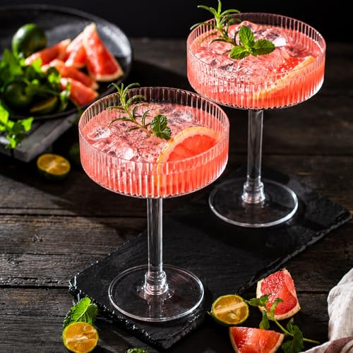 Image of 50 Pcs 5 oz Plastic Ribbed Martini Glasses, Disposable Vintage Plastic Coupe Glasses for Cocktails, Desserts Parfaits, Clear Party Glassware for Weddings Events