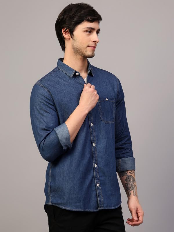 Image of Men's Denim Shirt with Regular Fit Solid Pattern Long Sleeve Collared Neck and Button Down Closure|Men Denim Shirt