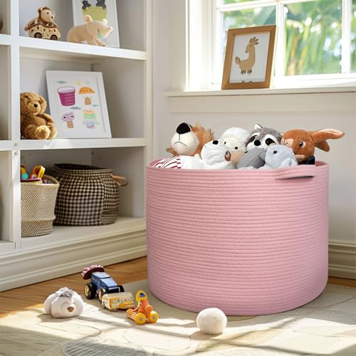 Image of MEGASKET 115L Oversized Pink Basket, 23.6 inchx15.7 inch Woven Cotton Rope Bin with Handles, XXXL Blanket Storage for Living Room, Kids Toy Storage Bin Box, Baby Laundry Basket for Organizing, Pink Room Decor