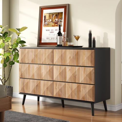 vutizal Cassettiera 120 cm con 6 cassetti, credenza in stile industriale con struttura in metallo, effetto legno nero, per camera da letto, soggiorno e corridoio