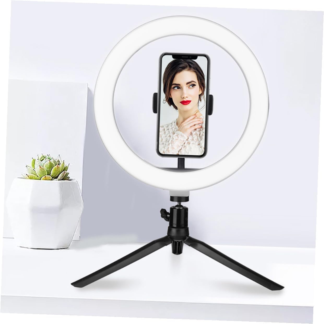 10-Inch USB Selfie Light Stand with Phone Holder and Adjustable Tri-Color Dimmable LED for Live Streaming and Makeup, Black Metal Tripod Rack for Video Recording