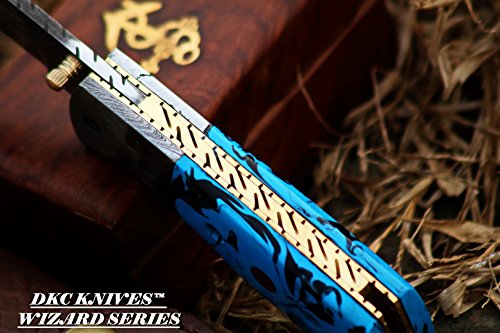 Dkc Knives (12 7/18) Dkc-27-Cb-X Wizard Caribbean Blue 7" Long, 4" Folded 6Oz Damascus Tanto Folding Pocket Hunting Knife Tm (Damascus Steel) #TOP5