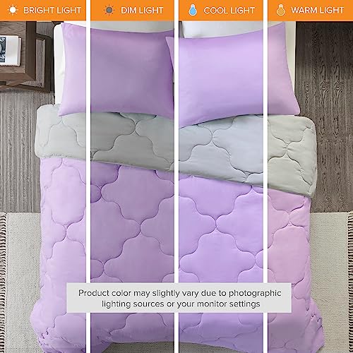 Image of Comfort Spaces Vixie Reversible Comforter Set - Trendy Casual Geometric Quilted Cover, All Season Down Alternative Cozy Bedding, Matching Sham, Lavendar /Gray, Twin /Twin XL 2 piece