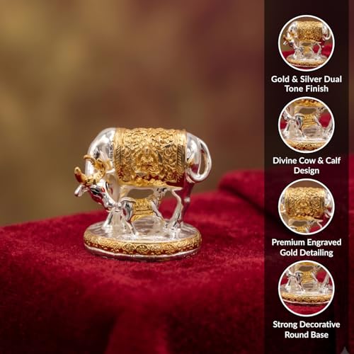 Image of 24K Gold and 999 Pure Silver Plated Kamdhenu Cow Idol - 2.5 Inch Auspicious Vastu Home Decor for Pooja Room and Mandir - Sacred Two-Tone Symbol of Prosperity and Success