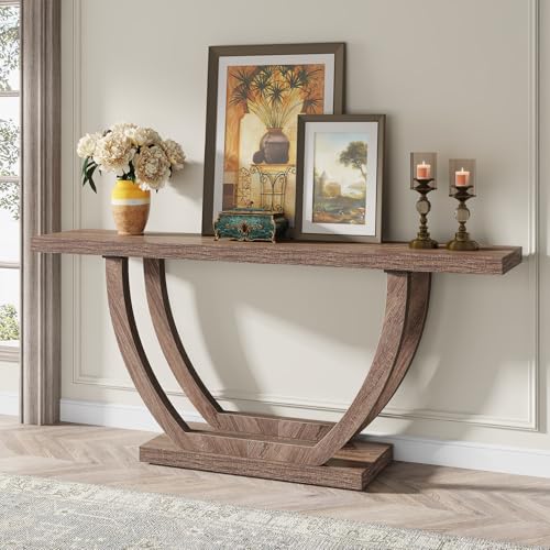 Image of Tribesigns 63-Inch Wood Console Table with Geometric Base, 2-Tier Farmhouse Sofa Table Narrow Long, Thickened Behind Couch Table with Shelves for Living Room Foyer Corridor (Dark Brown)