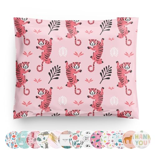 Poly Mailers 10x13 100 Pack | Self-Sealing Shipping Bags Envelopes for Small Business | Waterproof Durable Packaging | Tiger | Animal Pink Jungle Floral | à la mode Mailers