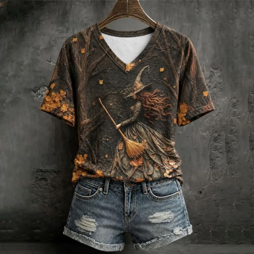 GAHIEDIM Witch Shirts,Witch Shirts For Women Pumpkin Print V Neck Tops Casual Fall Sweatshirt For Themed Party Coffee 01 Large - image 2