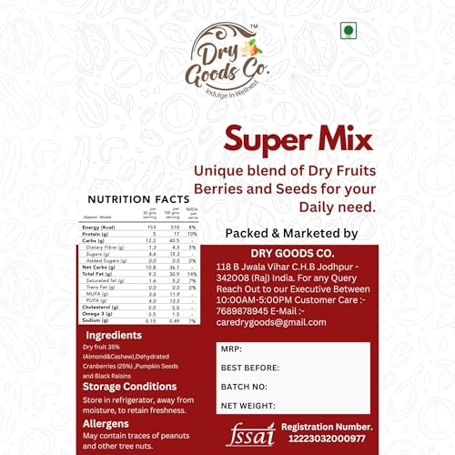 Image of Dry Goods Co. Premium Trail Mix 200g - Almonds (Badam), Cashews (Kaju), Black Raisins, Pumpkin Seeds & Cranberries | Healthy Snack | Rich in Protein & Fiber | No Added Preservatives | Ready to Eat Trail Mix