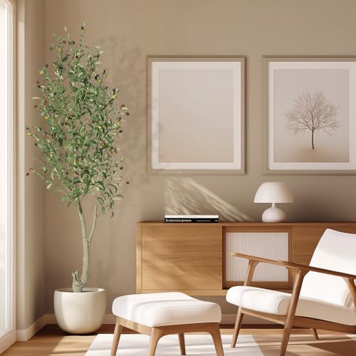 GarveeHome Faux Olive Tree 6ft, Olive Trees Artificial Indoor with White Planter, Artificial Silk Plants with Green Leaves and Big Fruits for Home Office DéCor Living Room Bedroom Stairs Foyer,1 Pack