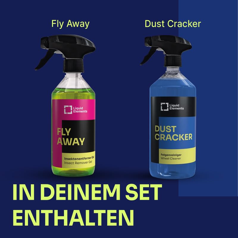 Liquid Elements – Felgenreiniger & Insektenentferner Set Dust Cracker 1L & Fly Away 500ml – Bundle Auto Reiniger für Felgen & Insektenreiniger für Lack & Autoscheiben – Für hartnäckige Verschmutzungen