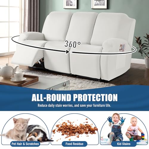 Image of TAOCOCO Recliner Couch Covers 3 Pieces, Stretch Sofa Covers for 3 Seat Reclining Couch, Polyester Fabric Recliner Covers Soft Washable Furniture Protector with Pockets (3 Seat, Milk White)