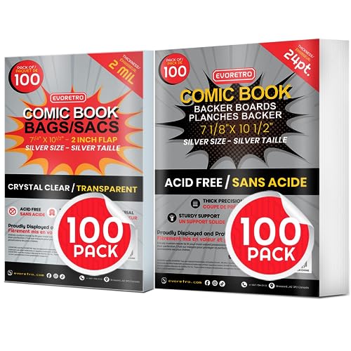 Comic Book Bags and Boards - Silver Age Comic Book Storage with 24 Pt Comic Backing Board for Comic Book Bulk Retail Bags kit (Pack of 100 Each) by EVORETRO