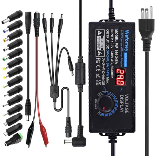 Universal Power Supply 3V~24V 6A 144W Adjustable Variable 3V 5V 9V 12V 18V 20V 24V AC/DC Adapter Charger, 100V-240V AC to DC Converter with 14 Tips, Polarity Converter and 4-Way Power Splitter Cable