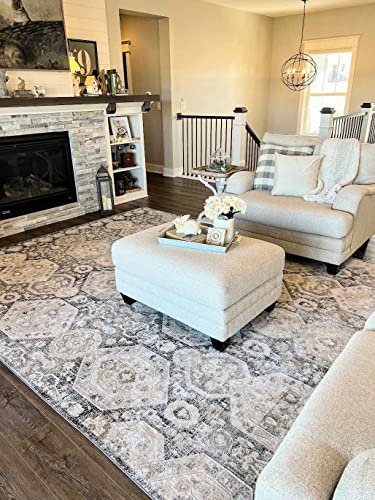 Image of Hauteloom Kismet Boho Vintage Traditional Damask Area Rug - Farmhouse Traditional Floral Medallion Carpet for Living Room, Bedroom, Dining Room - Black, Tan, Gray, Brown, Beige 6'7 inch x 9' (6x9)
