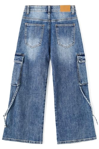 KIDSCOOL SPACE Girls Cargo Jeans, Wide Leg Baggy Stretchy Denim Pants with 6 Real Pockets2
