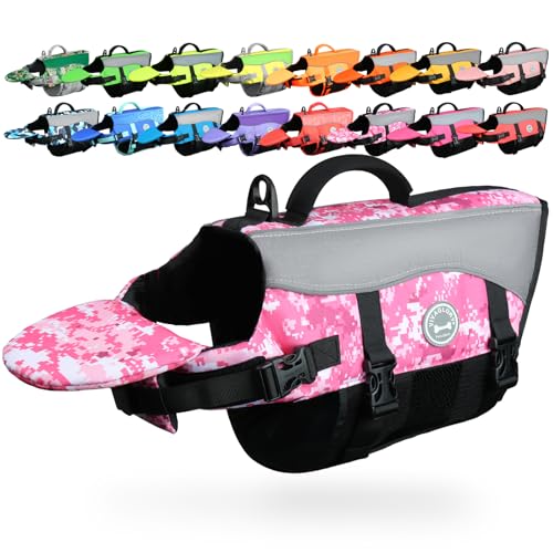 VIVAGLORY Front Float Dog Life Vest, Dog Life Jacket for Swimming & Boating, Swimming Vest with Chin Float & Handle, Ripstop & Buoyancy for Puppy Doggy, S, Camo Pink