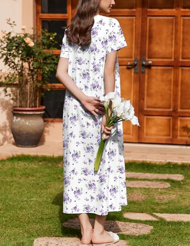 Image of Ekouaer Nightgown for Women Cotton Long Night Gown Short Sleeve Nightdress with Pockets Button Sleepshirt Soft Sleepwear