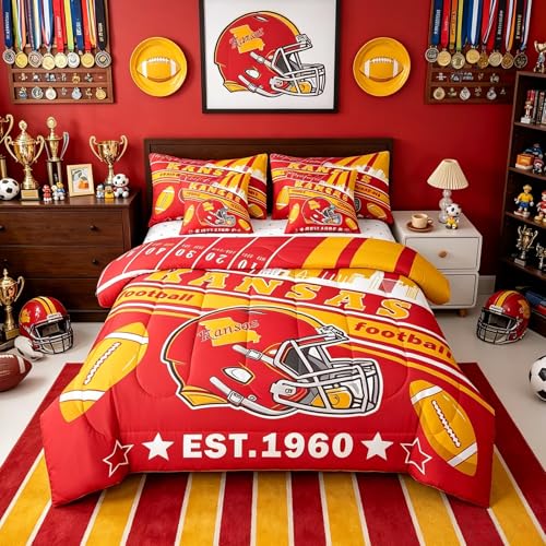 Feelyou Football 7 Pieces Comforter Sets Twin Size Kids Rugby Sports Kansas Bedding Set for All Season Football City Bed in a Bag with Comforter Sheets Pillowcases & Cushion Cover