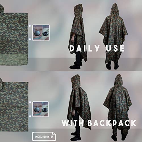 Foto von BALIGO 3-in-1 Mehrzweck Regenponcho Wasserdicht, Leicht & Schnell Trocknend, Poncho Herren & Damen, Camouflage Regenjacke, Tarnzelt, Tarnanzug, Regencape mit Kapuze für Wandern Camping Jagd