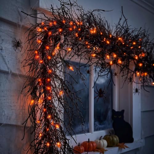 Thiccywoov 6 ft Prelit Halloween Black Twig Garland with Lights Gothic Spooky Artificial Black Vines Branch Halloween Garland for Mantle Fireplace Stair Railing Front Door Indoor Outdoor Fall Decor