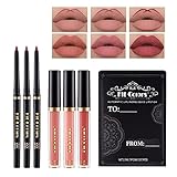 6 Stück Matte Lippenstift Set, 3 matte flüssige Lippenstifte + 3 Lippenkonturenstift Set, Lip Gloss Geschenkset wasserfest langanhaltend, Lips Make-up-Kits Pigment Velvety Nude Lip Stain Lipgloss