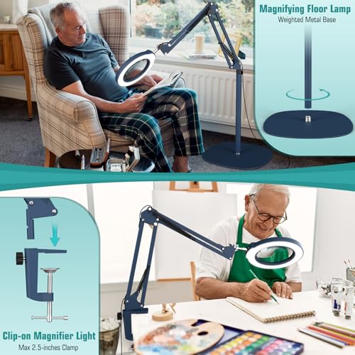 Image of 12X Magnifying Glass with Light and Stand, Real Glass Lens (Not Acrylic), 5 Color Modes, Stepless Dimmable, LED 3-in-1 Floor Lamp, Swing Arm with Clamp, Lighted Magnifier Hands Free for Crafts - Blue