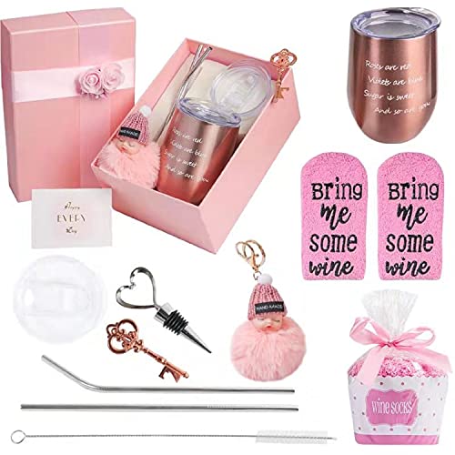 Wine Gifts - Birthday Gifts Set for Women 12 Oz Insulated Wine Tumbler with Lid and Straw - Gifts ideas for Her, Girlfriend, Mom, Wife, Big Sister, Daughter, Best friend, Coworker, Rose Gold