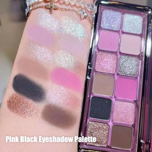 Pink Eyeshadow Palettes Silver Smoky, Black Gray Shimmer Eye Shadow Blush Palette, Cool Make-Up Gifts for Women Glitter Make up Set, Festival Eyeshadows 12 Colour, Long Lasting Highly Pigmented - Image 3