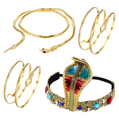 JewelryWe Schlangen Kostüm Schmuck 4er Set: Gold Kobra Kleopatra Kopfschmuck Armmanschette Oberarmreif Biegbar Schlangenkette Armband Halskette Antike Ägyptische Königin Halloween Accessories