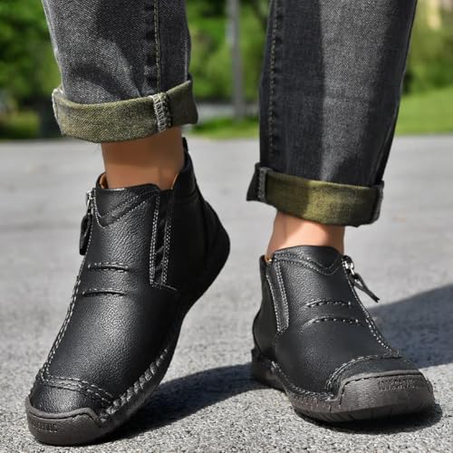 Men's Casual Handmade Leather Shoes, Mid-Cut Slip-On Loafers, Side Zipper Lightweight Driving Ankle Boots4