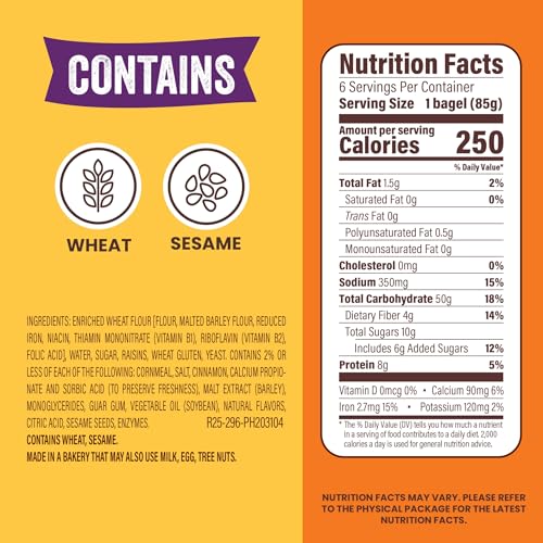 Thomas' Cinnamon Raisin Bagels, 6 count, (3.0 oz each), 8g Protein, Kosher Bagels, 18 oz Bag