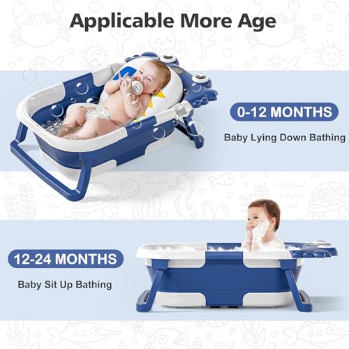 Image of Collapsible Baby Bathtub for Newborns with Thermometer and Soft Floating Cushion Portable and Foldable Travel Baby Boy Bath Tub for Infants to Toddler 0-36 Month (Navyblue)