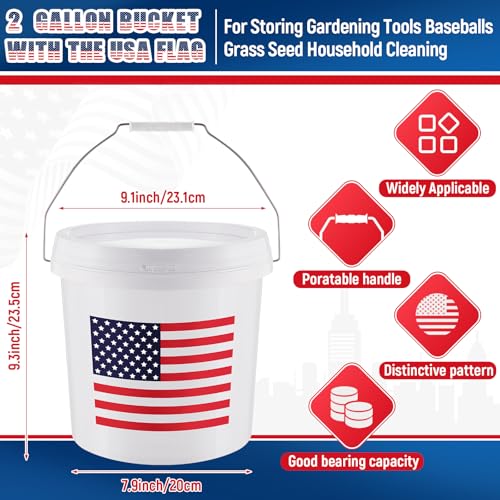 Image of Threehoney 6 Pcs 2 Gallon Plastic Bucket with Lid and Handle, Large White Heavy Duty Bucket with American Flag for Home Gardening Tools Household Cleaning Baseballs Storage Container