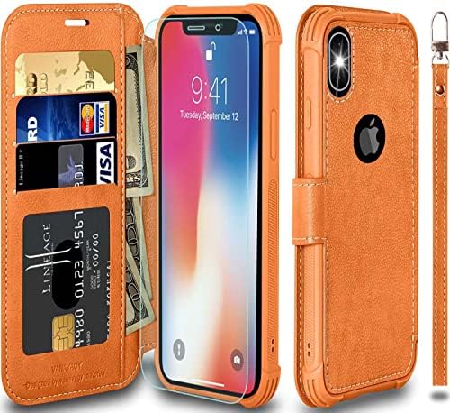 VANAVAGY Wallet Case for iPhone X/iPhone Xs/iPhone 10 4G for Women and Men,RFID Flip Leather Cover with Wrist Supports Wireless Charging with Card Holder and Screen Protector,Burnt Orange