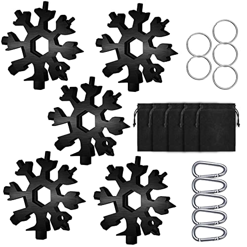 Snowflake Multitool, 5 Pieces 18-in-1 Stainless Steel Snowflake Standard Multitool, Snowflake Tool with Key Ring, Carabiner Clip and Gift Bag (Black)