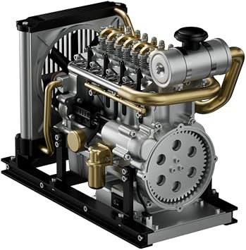 Helixsun L4 Engine Model Kit That Works, 1/10 DIY Mini OHV Four-Cylinder Diesel Engine Model Kit with Cooling Syste, Full Metal Inline Mechanical Engine Toys Gifts