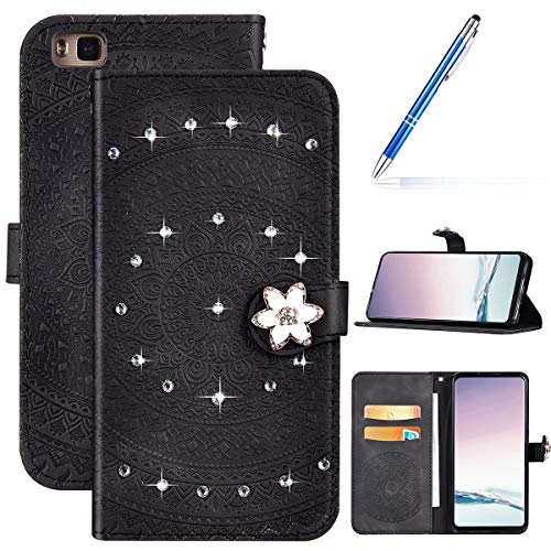 Robinsoni Case Compatible with Huawei P9 Lite Phone Case Wallet Huawei P9 Lite Leather Phone Cover Shockproof Glossy Diamond Case Flip Notebook Style Cover Heavy Duty Case Hard Case Mandala Black