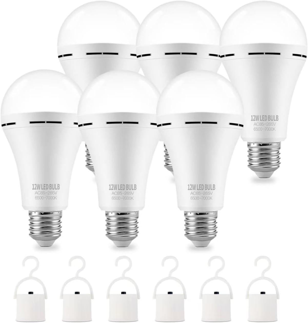 Emergency-Rechargeable Light Bulb with Hook,Stay Lights Up When Power Failure, 1500mAh 12W 60W Equivalent LED Light Bulbs for Home, Camping, Hiking, 6 Pack, Cool White
