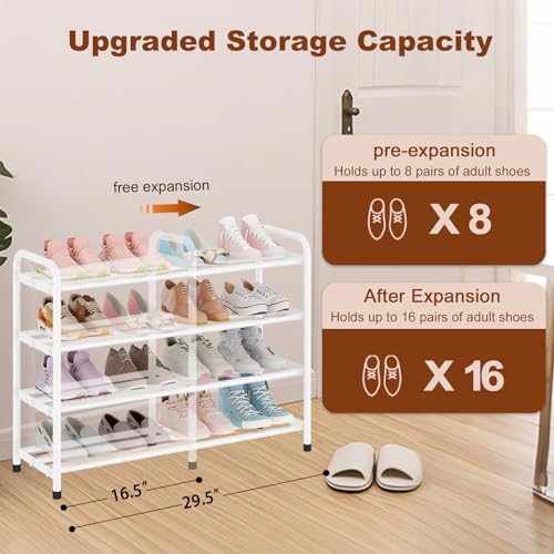 Image of KANAV 4-Tier Expandable Shoe Rack, Heavy Duty Adjustable Metal Shoe Organizer for Closet, Entryway & Mudroom, Freestanding, Tool-Free Assembly, White
