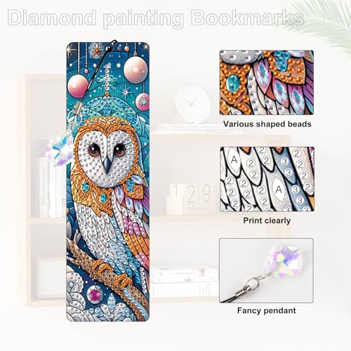 Image of 4-Piece DIY 5D Diamond Painting Bookmark Kits, Owl Special Shaped Crystal Rhinestones Book Marks, Handmade Diamond Art Bookmarks with Crystal Pendant Tassels, Decorative Craft Gift Set for Adults