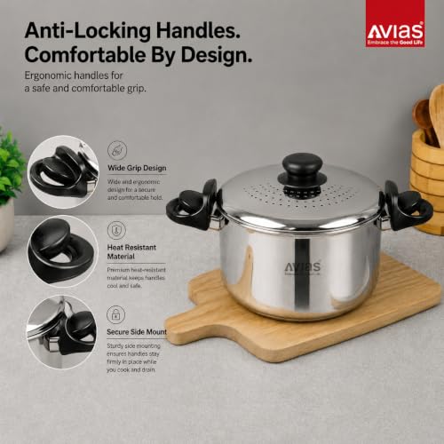 Image of AVIAS Stainless Steel Rice /Pasta Strainer Pot 3L with Built-in Strainer and Locking Lid | Triply Bottom | for Rice, Pasta, Noodles, SOYA & Vegetables | Induction & Gas Compatible