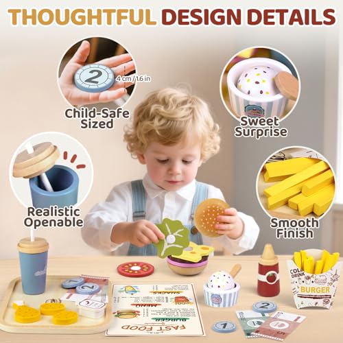 Airlab Kinderküche Spielküche Zubehör aus Holz, Küchenspielzeug Hamburger Fast Food Set Holz Lebensmittel Spielzeug mit Deutscher Speisekarte, Kaufladen Zubehör, Pädagogisches Rollenspiel Geschenk