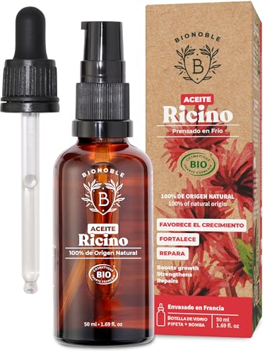 Bionoble Aceite de Ricino Orgánico 50ml - 100% Puro y Prensado en Frío - Pestañas, Cejas, Cuerpo, Cabello, Barba, Uñas - Vegano, Cruelty Free - Botella de Vidrio + Pipeta + Bomba