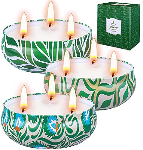 SUPERSUN Velas de citronela al aire libre, 3 velas aromáticas grandes de 3 mechas sin humo 80 horas de largo tiempo de combustión para jardín, barbacoa, camping, interior, 100% cera de soja natural