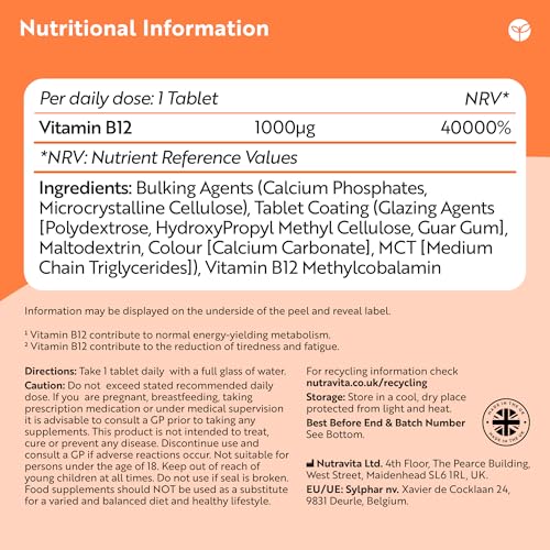 Vitamin B12 1000mcg - 365 High Strength Vegan Tablets (1 Year Supply) - Max Strength B12 Supplement - Contributes to The Reduction of Tiredness and Fatigue - Made in The UK by Nutravita - Image 6