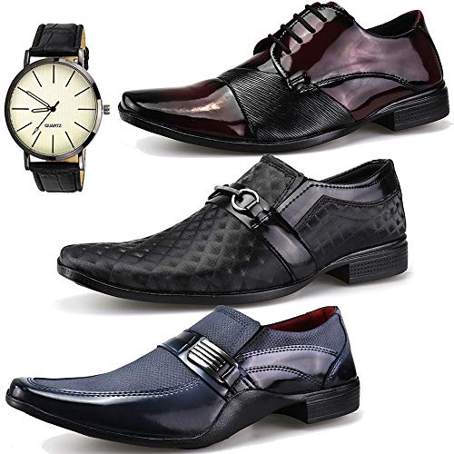 Kit 3 Pares Sapato Social Neway WS Shoes Masculino Cinza, Vinho e Preto + Relógio