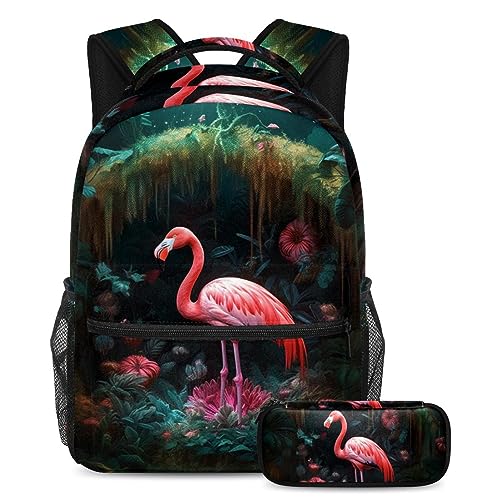Sac à dos flamant rose multicolore avec trousse scolaire assortie pour élève
